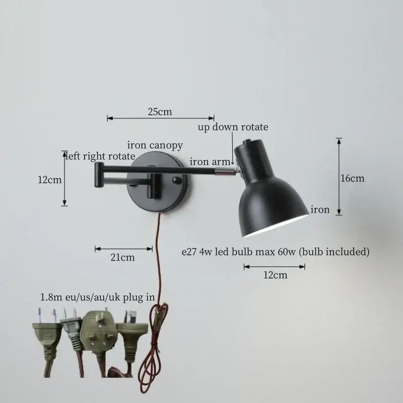 DecorBites black iron LED wall sconce with adjustable arm and canopy in modern Nordic style for home decor