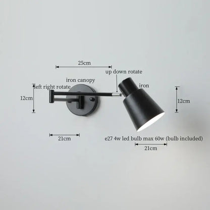 DecorBites black iron led wall sconce is a modern nordic style black iron reading lamp with adjustable rotation
