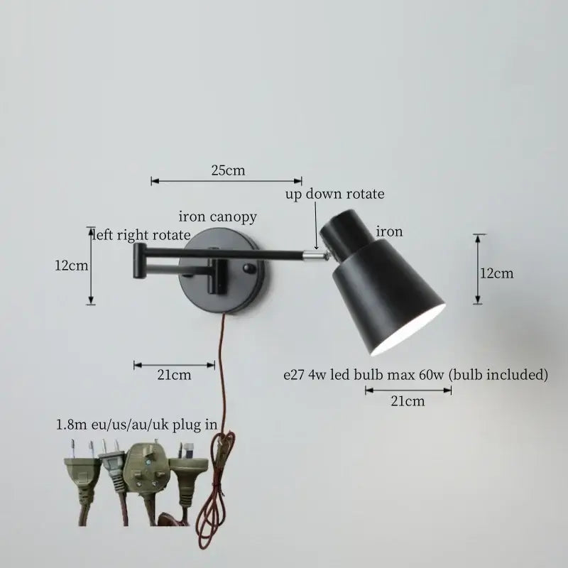 Decorbites black iron led wall sconce in black iron with adjustable up-down and left-right rotation for home decor