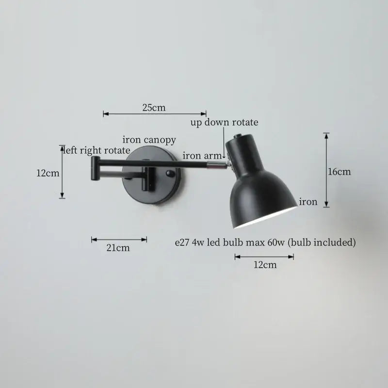 DecorBites black iron led wall sconce with adjustable arm and canopy for modern nordic home decor lighting