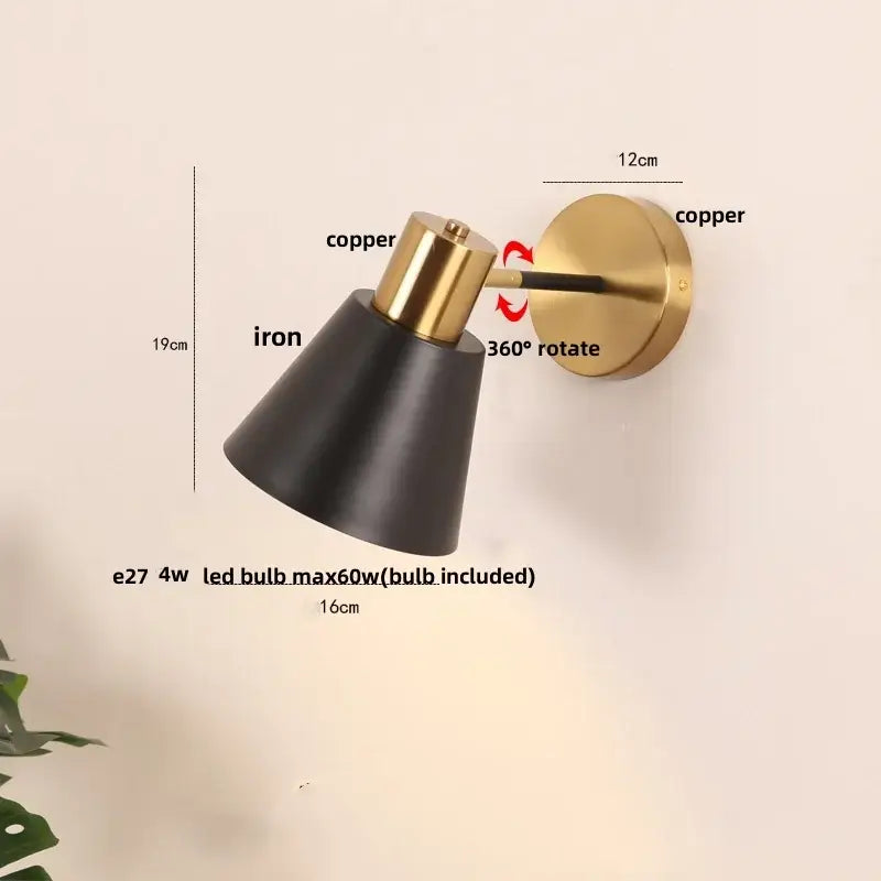 Modern black iron decorbites black iron wall sconce with copper 360-degree rotating arm for bedroom hallway lighting