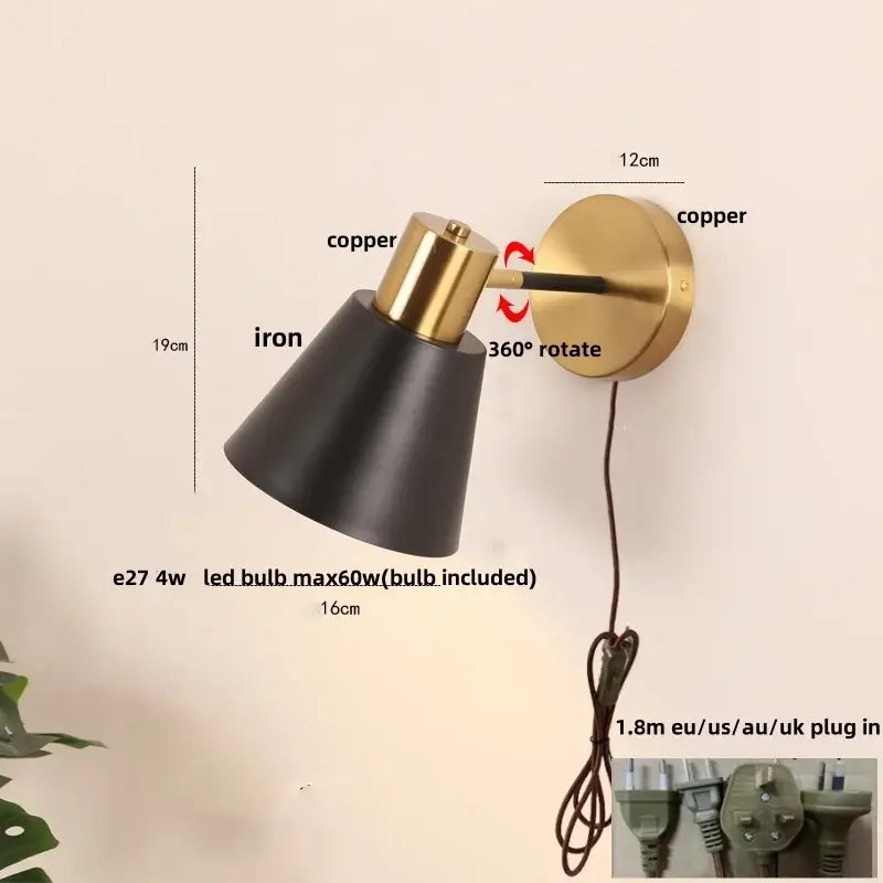 DecorBites black iron wall sconce with brass copper finish and 360-degree rotating arm for modern vanity lighting