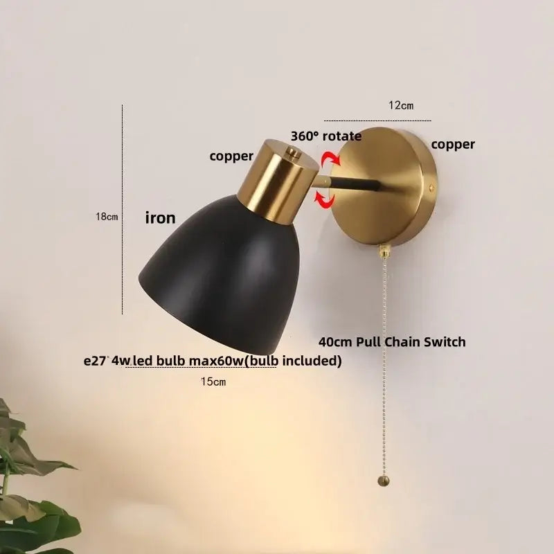DecorBites black iron wall sconce with copper accents and 360-degree rotating arm for modern vanity lighting