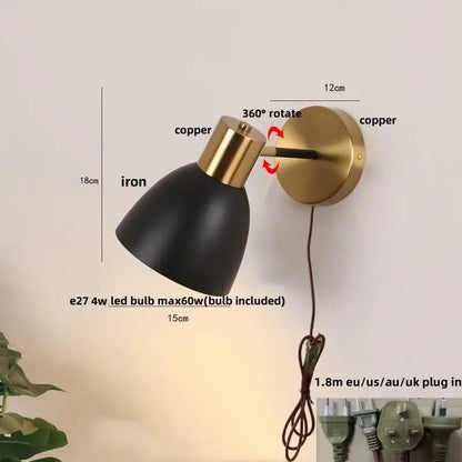 DecorBites black iron wall sconce with brass copper finish and adjustable 360-degree arm for modern vanity lighting