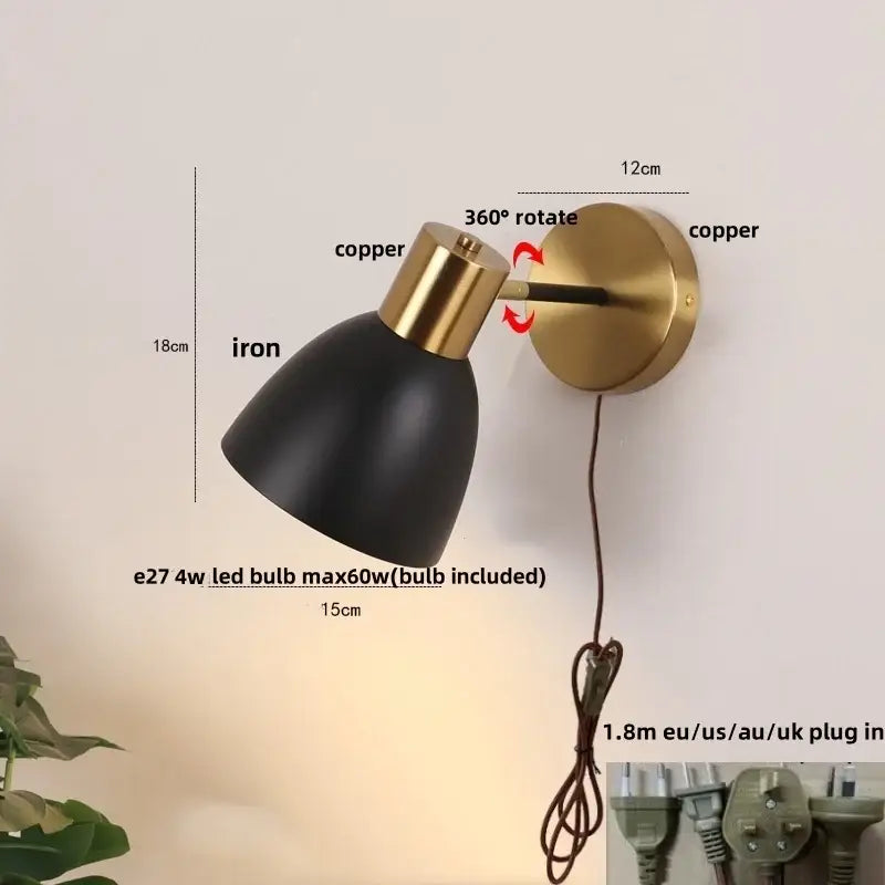 DecorBites black iron wall sconce with brass copper finish and adjustable 360-degree arm for modern vanity lighting
