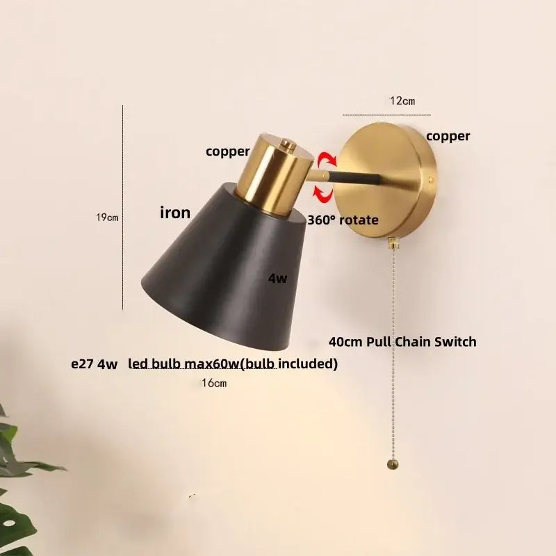 Modern adjustable decorbites black iron wall sconce with matte black iron shade copper accents and 360-degree rotating arm