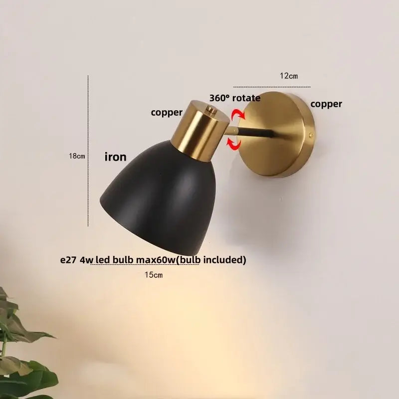 Decorbites black iron wall sconce with black iron lampshade brass copper finish and adjustable 360-degree arm
