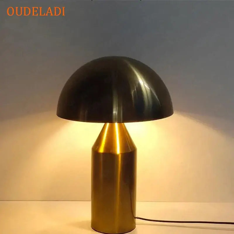 Decorbites black iron mushroom table lamp with gold accent, sleek iron mushroom table design for living room or bedroom light