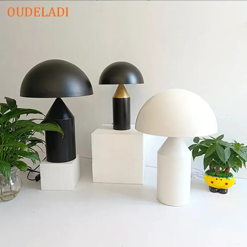 Decorbites black iron mushroom table lamp in black and white matte iron with gold accent for living room and bedroom lighting