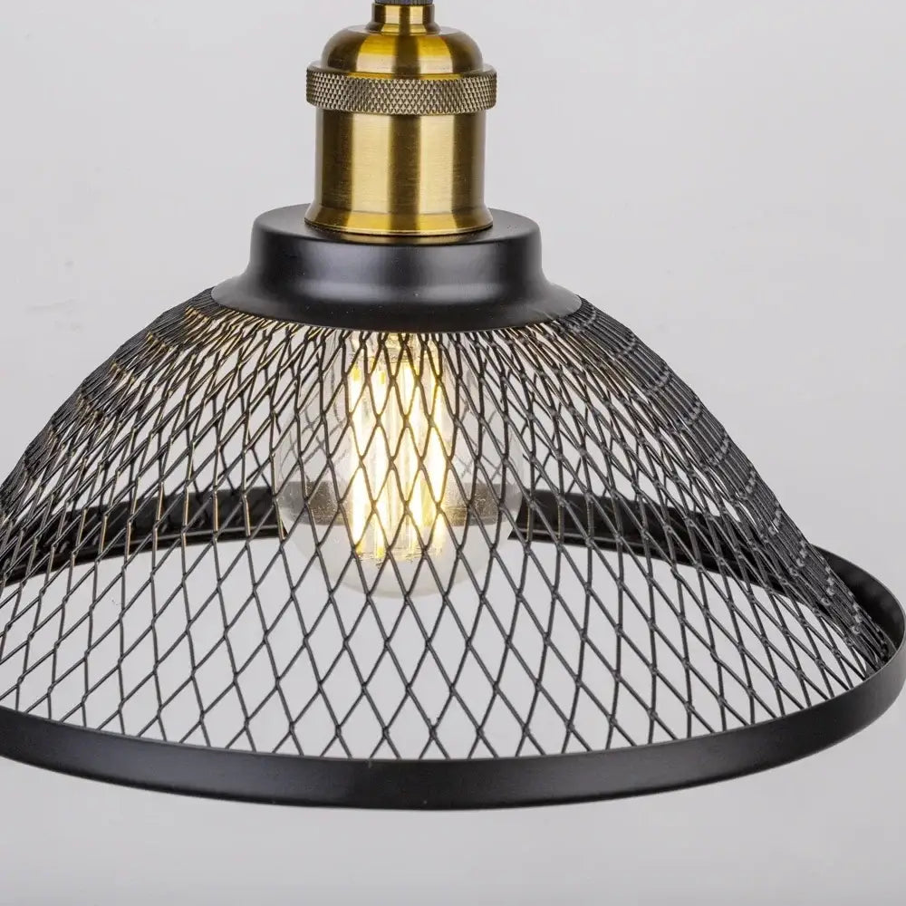 Industrial-style decorbites black iron pendant light with black mesh shade and brass finish for kitchen or living room