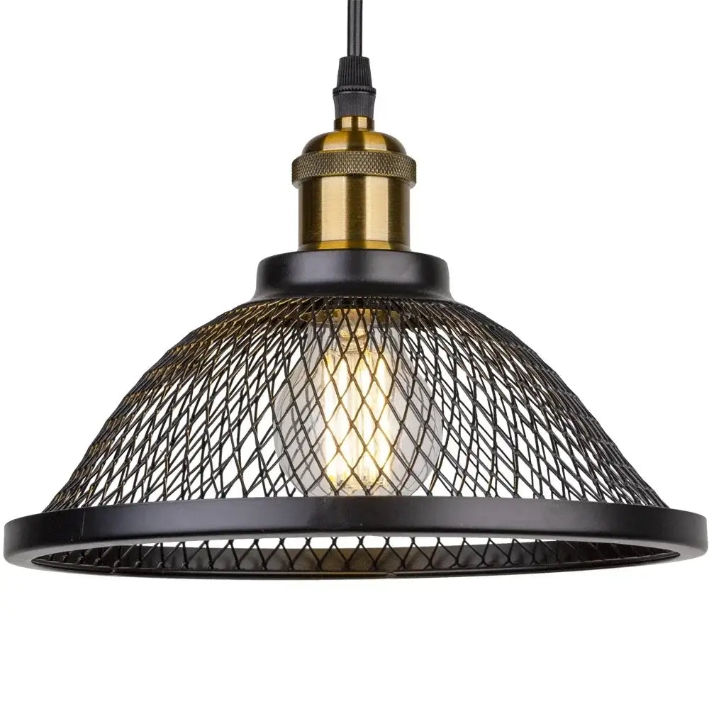 Decorbites black iron pendant light with black metal mesh shade and brass hardware for kitchen or living room lighting