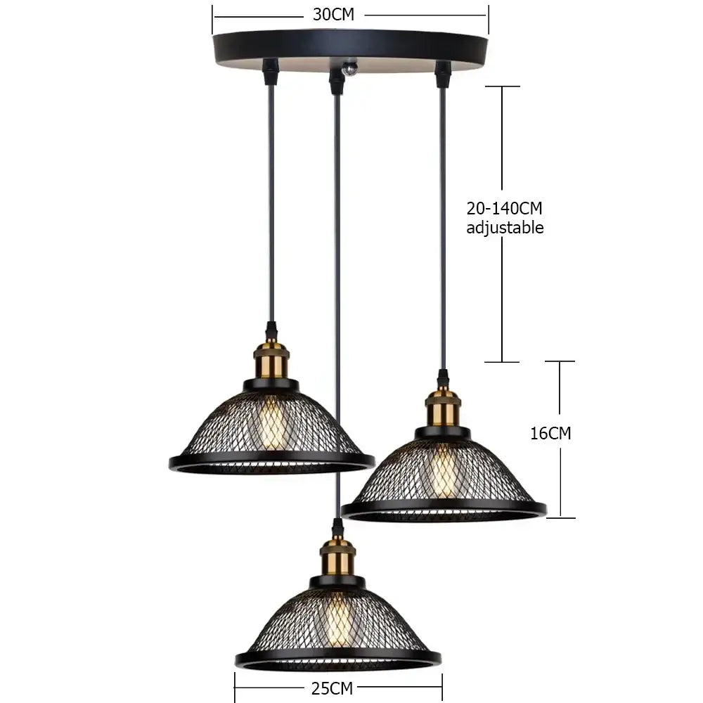 Industrial-style black iron pendant light with brass accents and mesh shades by decorbites black iron for kitchen and living room