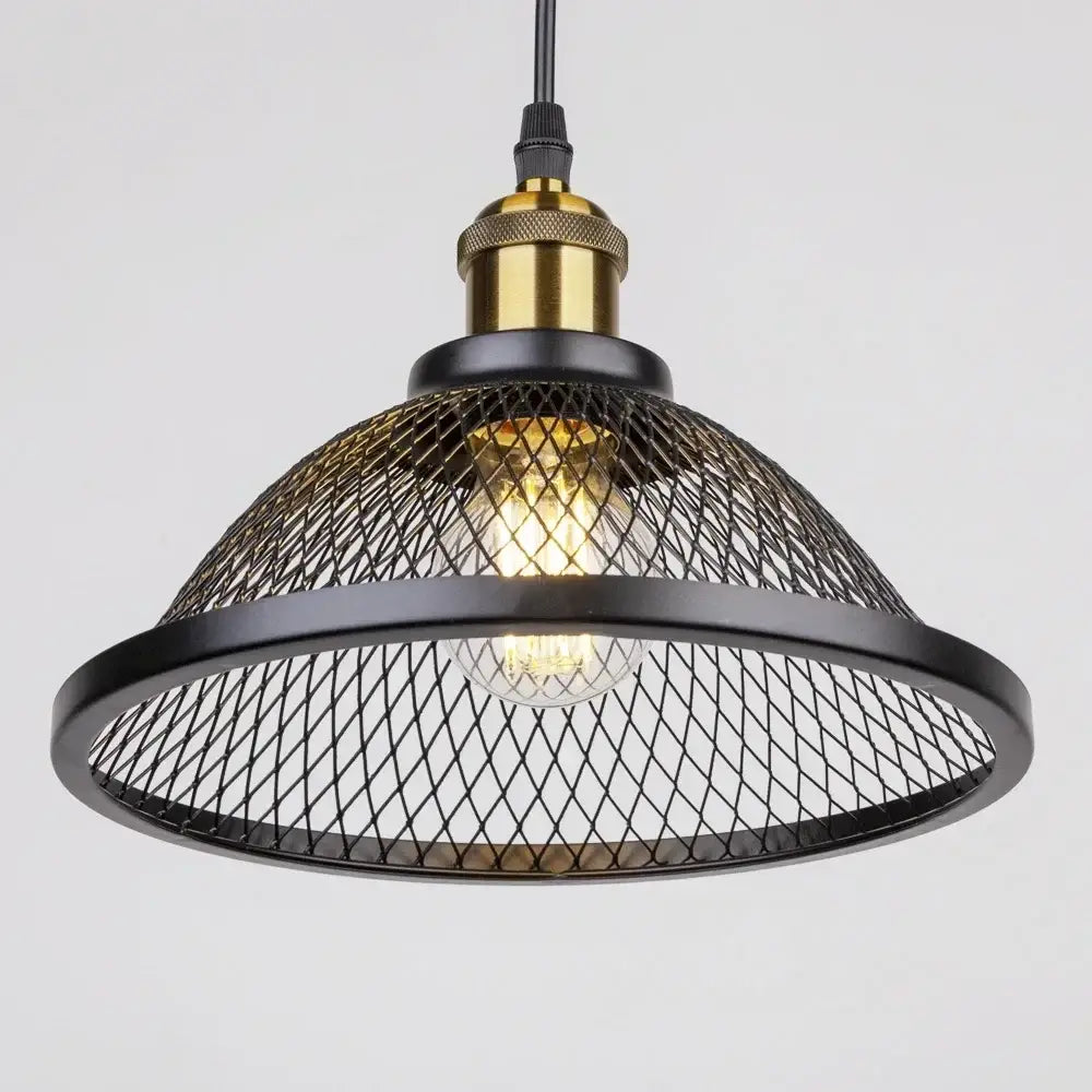 DecorBites black iron pendant light with black mesh cage and brass accents for kitchen bedroom and living room lighting