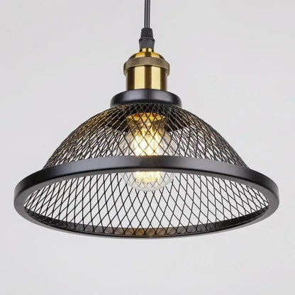 DecorBites black iron pendant light with black mesh cage and brass accents for kitchen bedroom and living room lighting