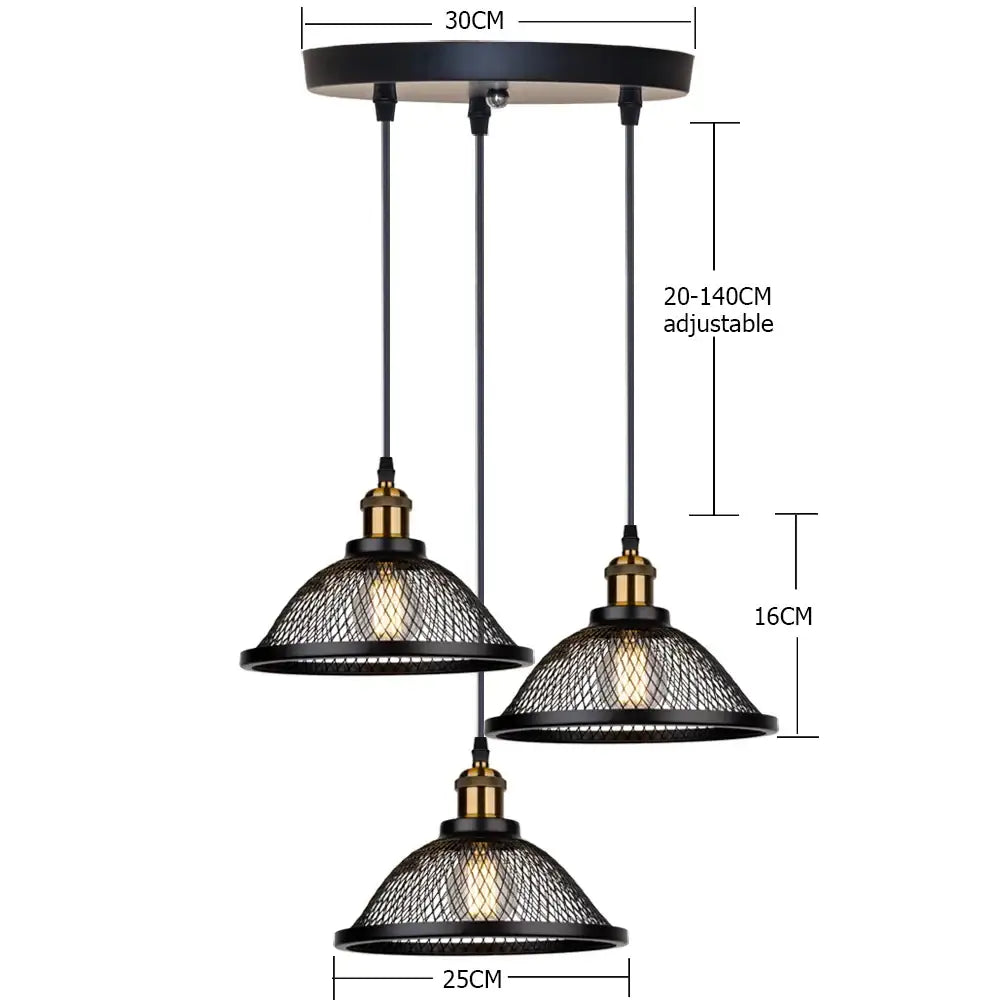 DecorBites black iron pendant light fixture with brass accents and mesh shades for kitchen and living room use