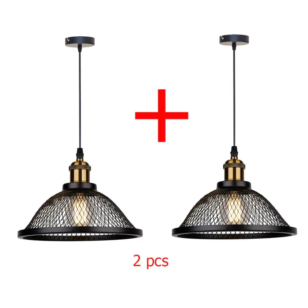 DecorBites black iron net-cage pendant light fixture with woven mesh shade and brass accents for kitchen and living room