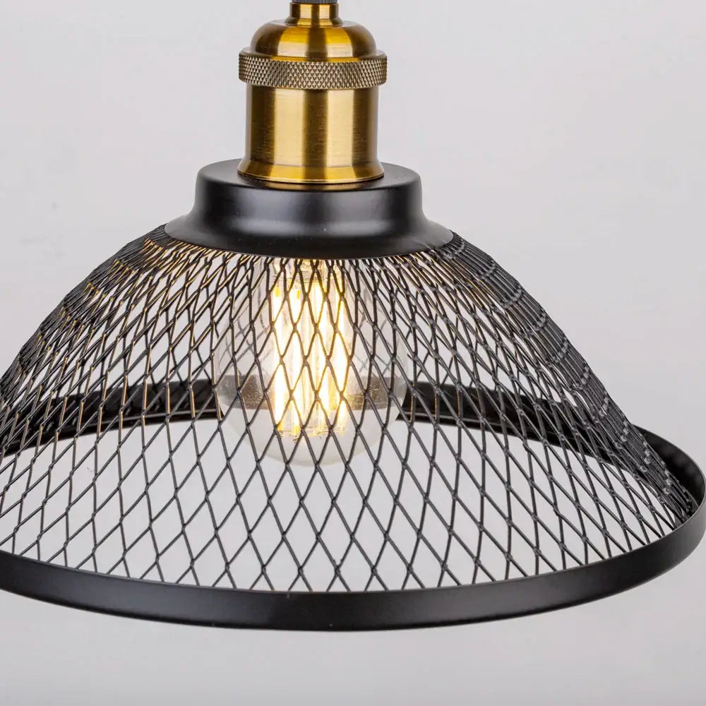DecorBites black iron net-cage pendant light fixture with brass top and mesh shade for kitchen and living room use