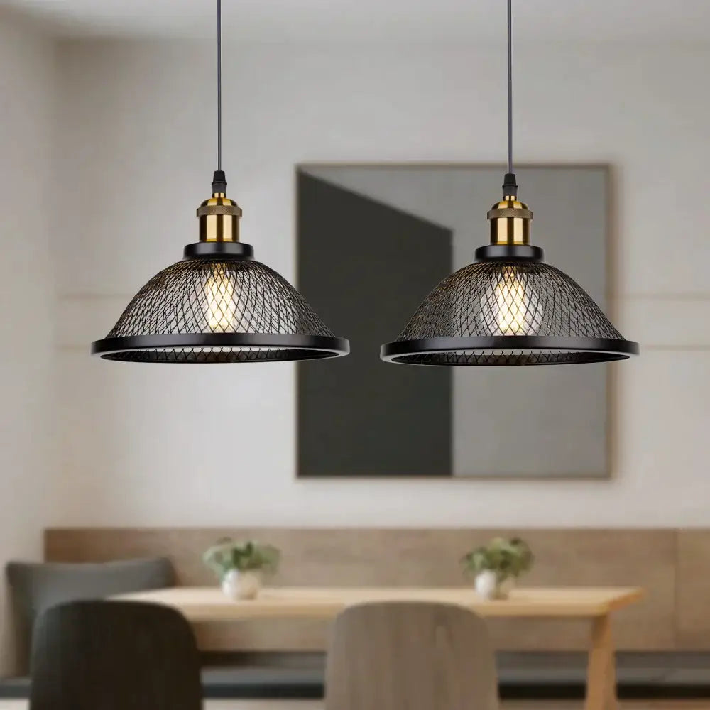 DecorBites black iron net-cage pendant light fixture with mesh design and brass accents for kitchen and living room