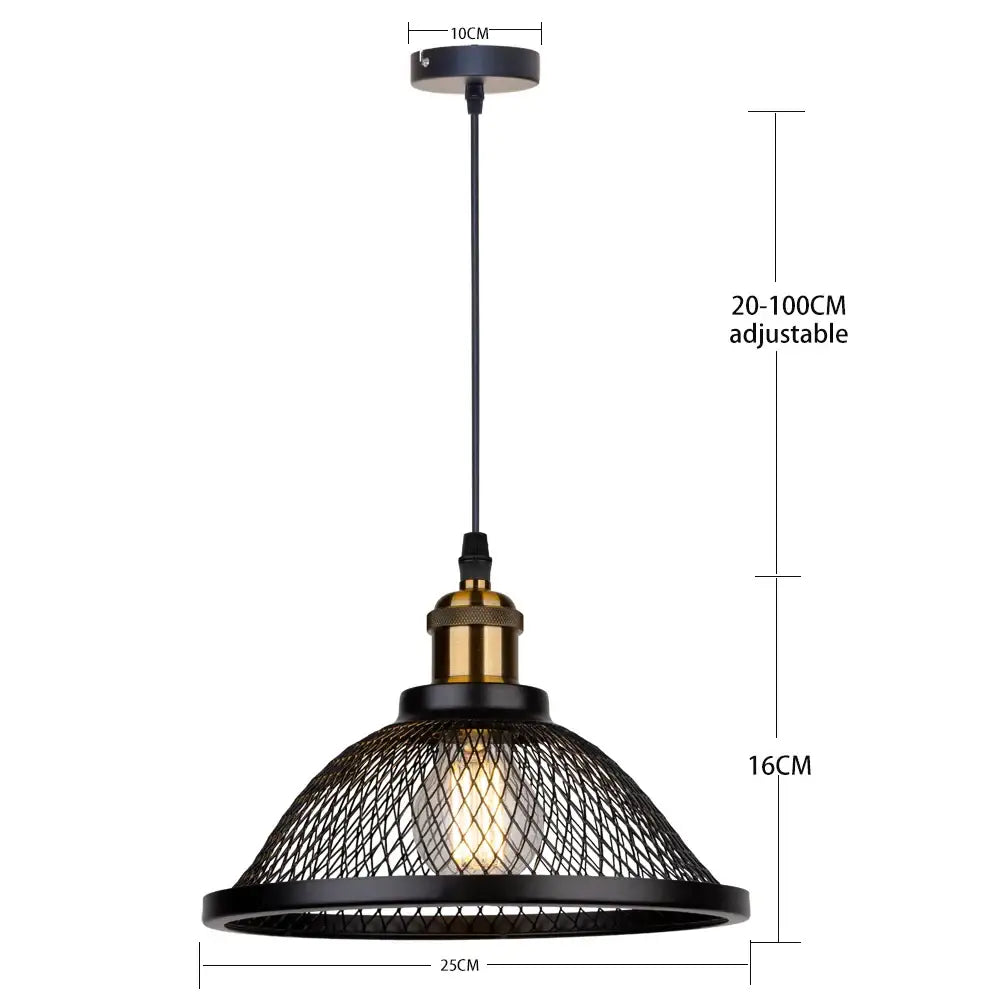 Decorbites black iron net-cage pendant light fixture with woven mesh shade and brass accent for kitchen or living room