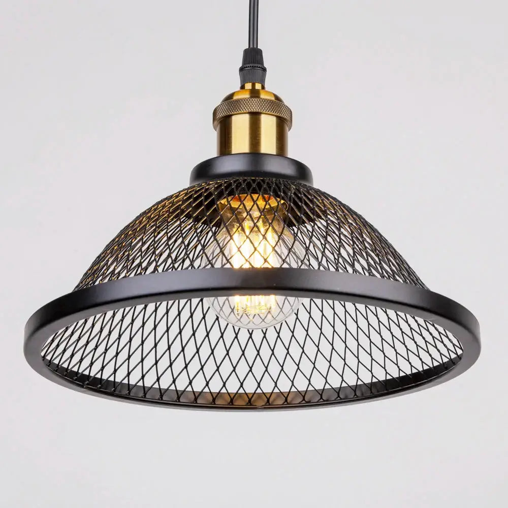 DecorBites black iron net-cage pendant light fixture with black mesh shade and brass accents for kitchen and living room