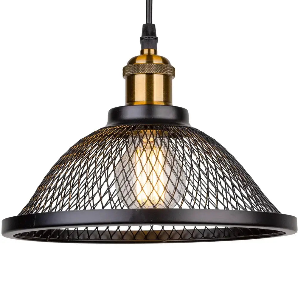 DecorBites black iron net-cage pendant light fixture with brass hardware and mesh shade for kitchen and living room