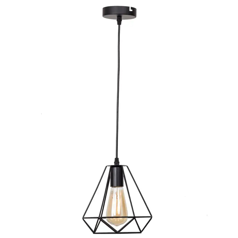 Black iron pendant light from DecorBites with a geometric wire cage and vintage Edison bulb for kitchen or living room use