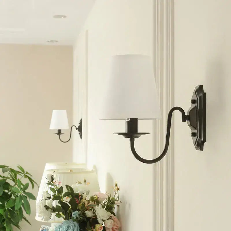 DecorBites black iron wall lamp with white fabric shade in American rural style for living room bedroom hotel use