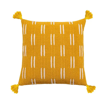 Decorbites black ivory mustard woven cushion cover with vertical white stripes and tassels for living room decor