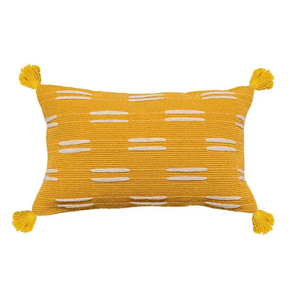 Vibrant mustard yellow cushion cover with white embroidered stripes and tassels by DecorBites black ivory for living room decor
