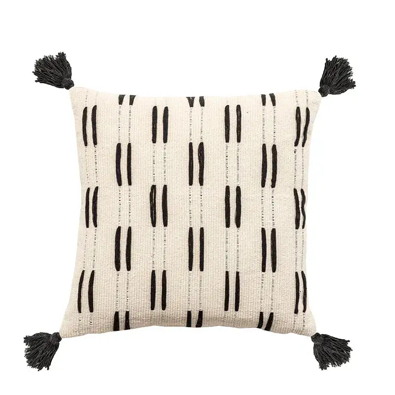 Cream-colored DecorBites black ivory woven cushion cover with black stitched lines and tassels for living room decor
