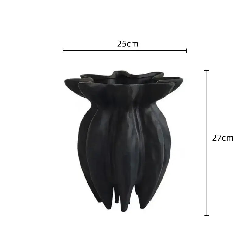 Black jellyfish petal ceramic vase with matte black finish tapered base and sculpted flared rim by DecorBites™