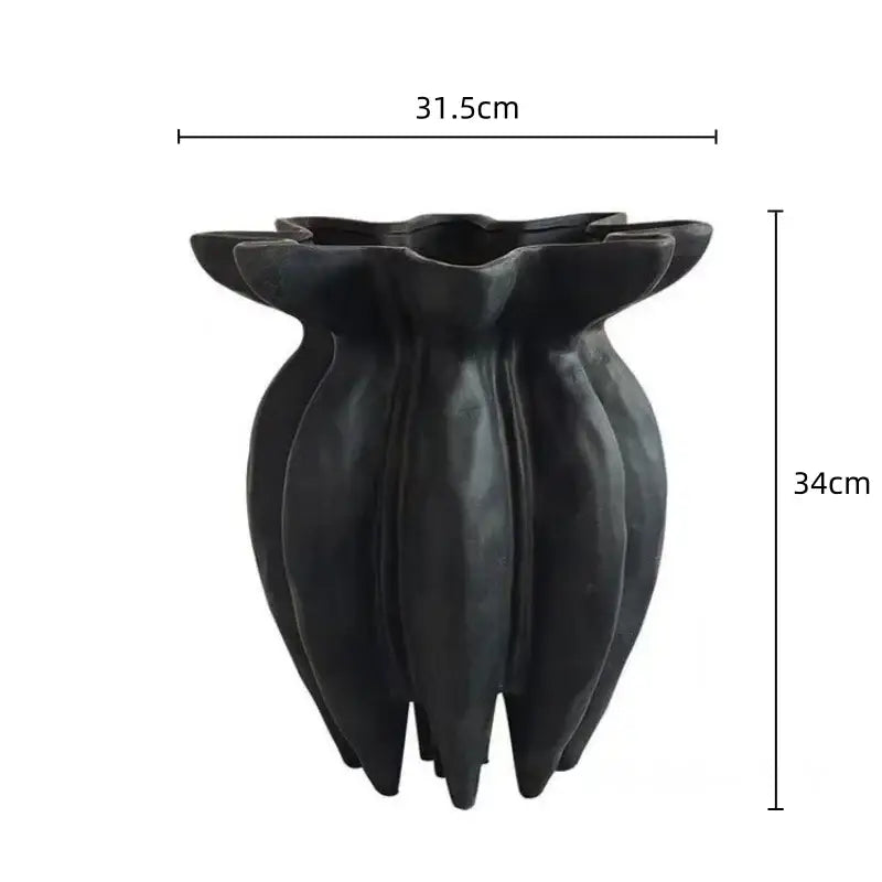 Black jellyfish petal black ceramic vase with sculpted flared rim and ribbed body by decorbites for artistic decor