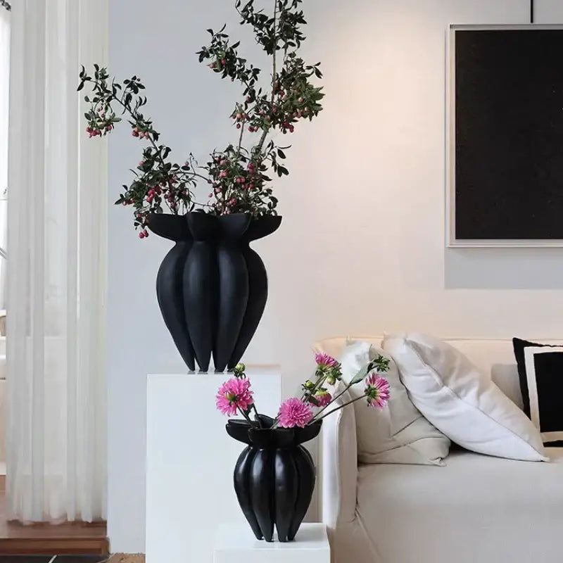 Black ceramic vase with sculpted jellyfish petal ridges and wide flared opening decorbites black jellyfish petal vase