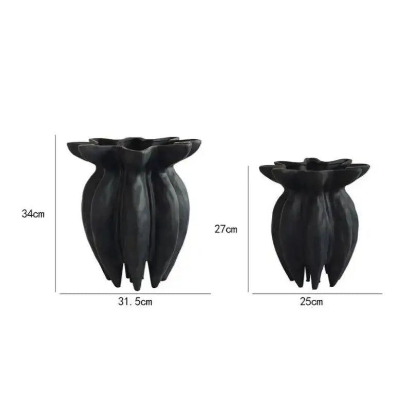 Black jellyfish petal ceramic vases by DecorBites™ with matte finish and fluted sides for artistic home décor