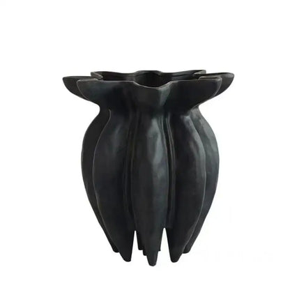 Black ceramic black jellyfish petal vase with fluted rim and segmented body for artistic home décor by DecorBites