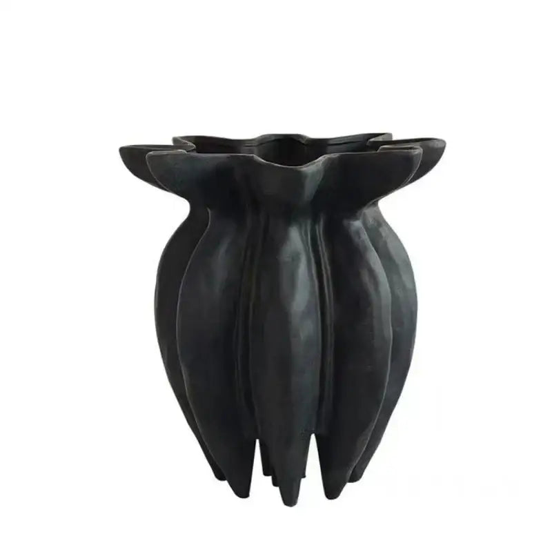 Black ceramic black jellyfish petal vase with fluted rim and segmented body for artistic home décor by DecorBites