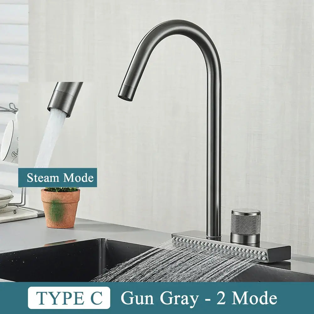 Gun gray metallic decorbites black kitchen faucet with sleek curved spout and rainfall showerhead in brass single hole mixer design