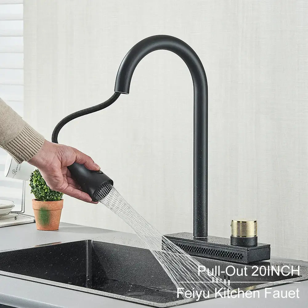 Decorbites black kitchen faucet with matte black finish pull out spout gold knob flexible hose for modern sinks