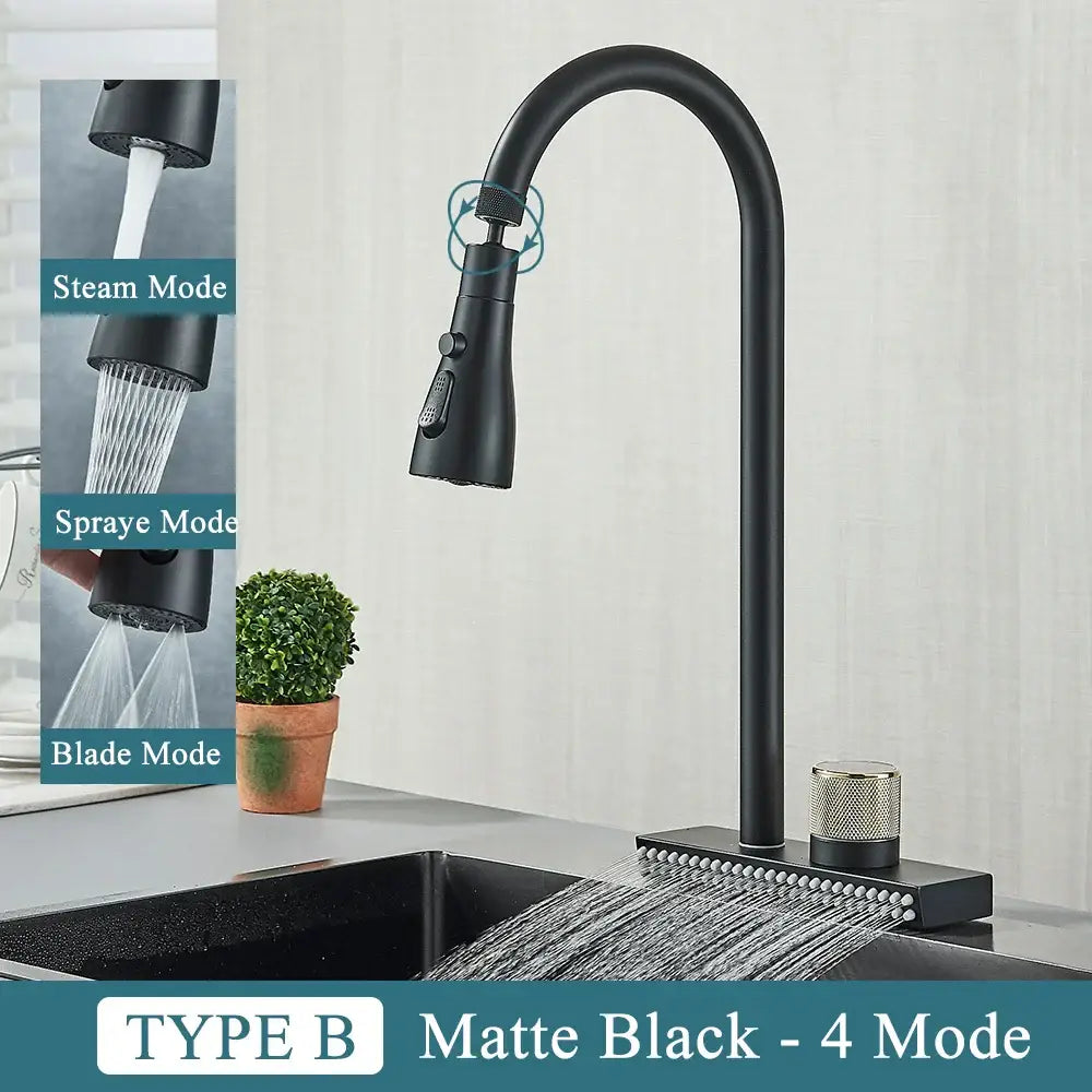 Matte black decorbites black kitchen faucet with sleek curved spout four spray modes brass single hole mixer