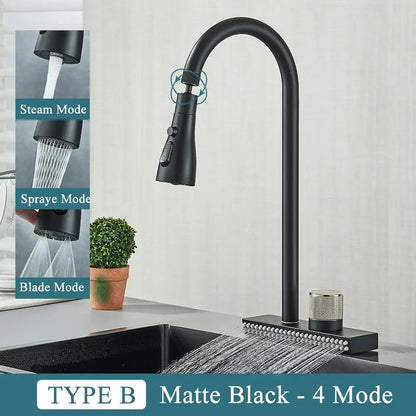 Matte black decorbites black kitchen faucet with sleek curved spout four spray modes brass single hole mixer