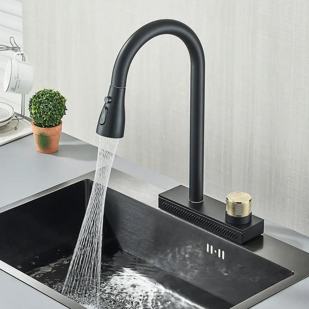 Decorbites black kitchen faucet with matte finish brass body gold-toned knob and pull-down spray head single hole mixer