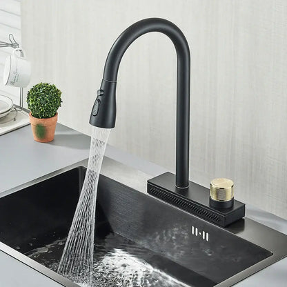 Decorbites black kitchen faucet with matte finish brass body gold-toned knob and pull-down spray head single hole mixer