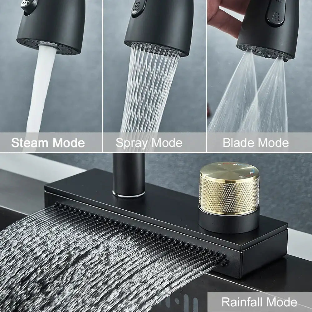 Decorbites black kitchen faucet with brass single hole mixer, matte finish, gold textured knob, and four spray modes