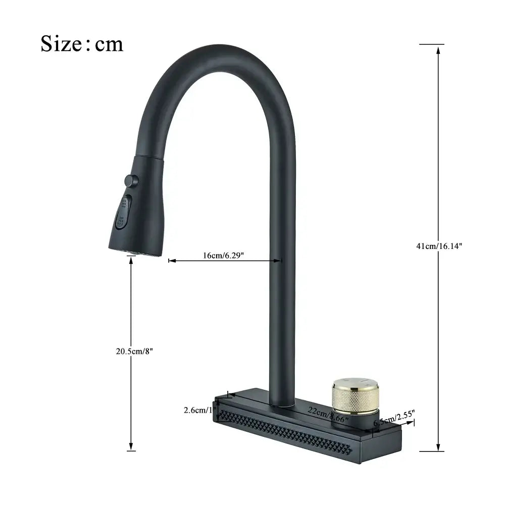 Decorbites black kitchen faucet with black matte finish curved spout and gold toned knob brass single hole mixer