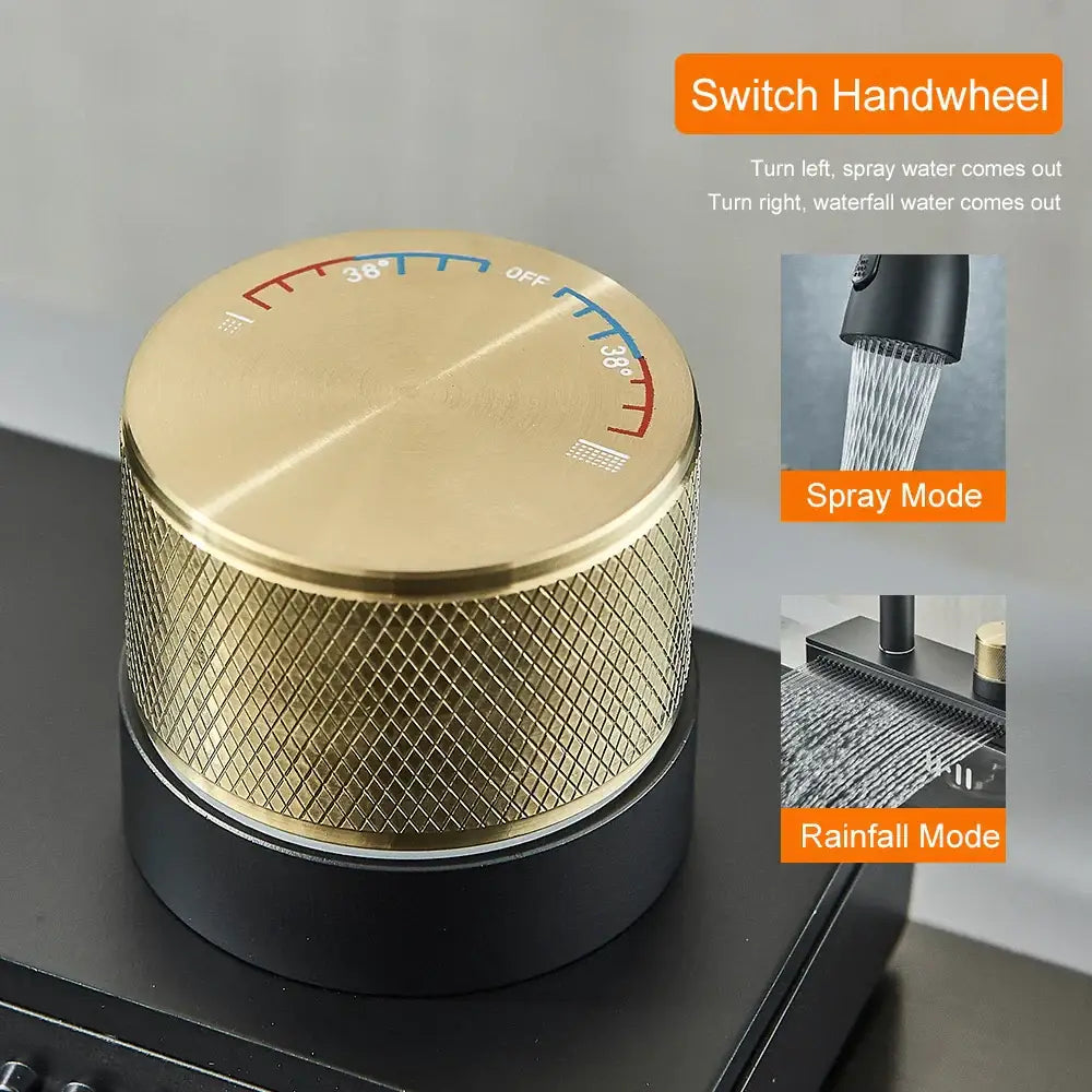 Gold-colored textured switch handwheel with diamond grip and temperature markings on decorbites black kitchen faucet