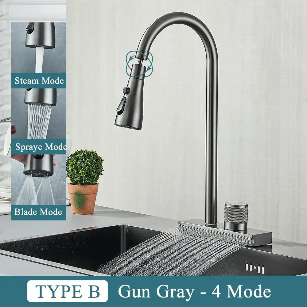 Gun gray decorbites black kitchen faucet with sleek arched spout four spray modes brass single hole mixer deck mounted
