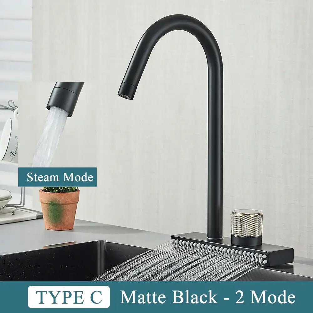 Matte black DecorBites black kitchen faucet with sleek curved spout brass single hole mixer and dual spray modes