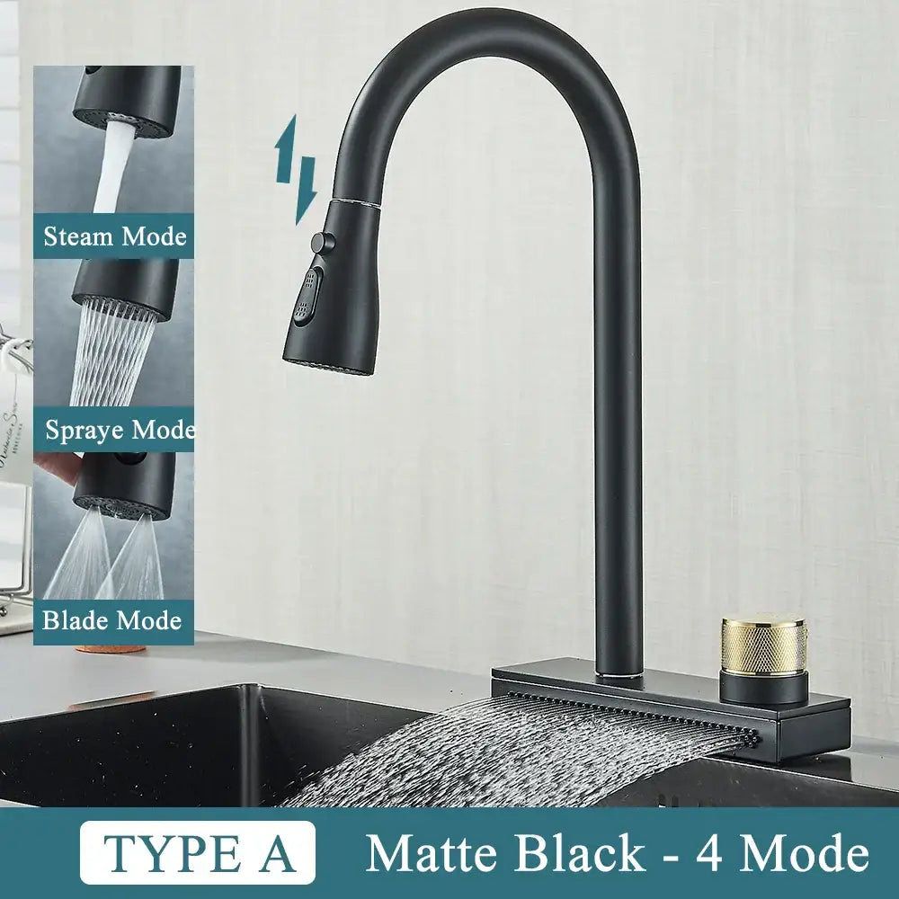 Matte black decorbites black kitchen faucet with gold handle and four spray modes including steam spray blade and waterfall