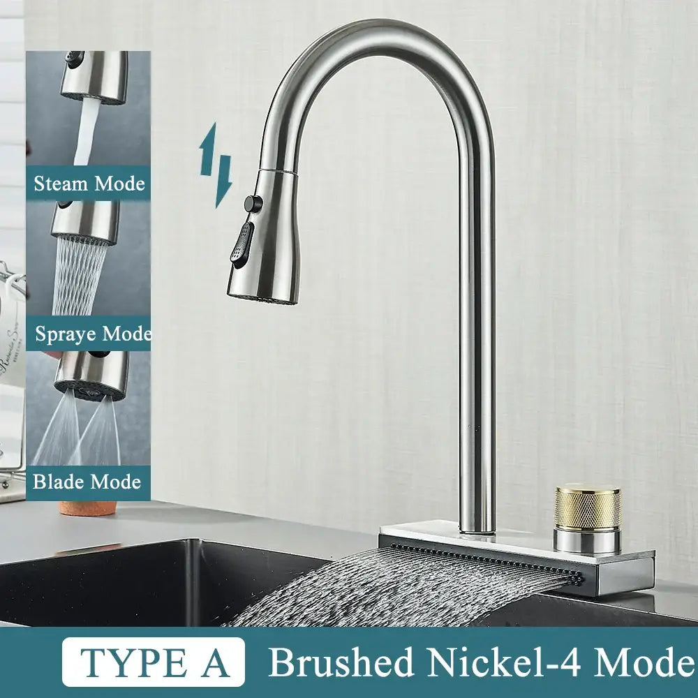 Brushed nickel decorbites black kitchen faucet with sleek arched spout and three spray modes deck mounted single hole mixer