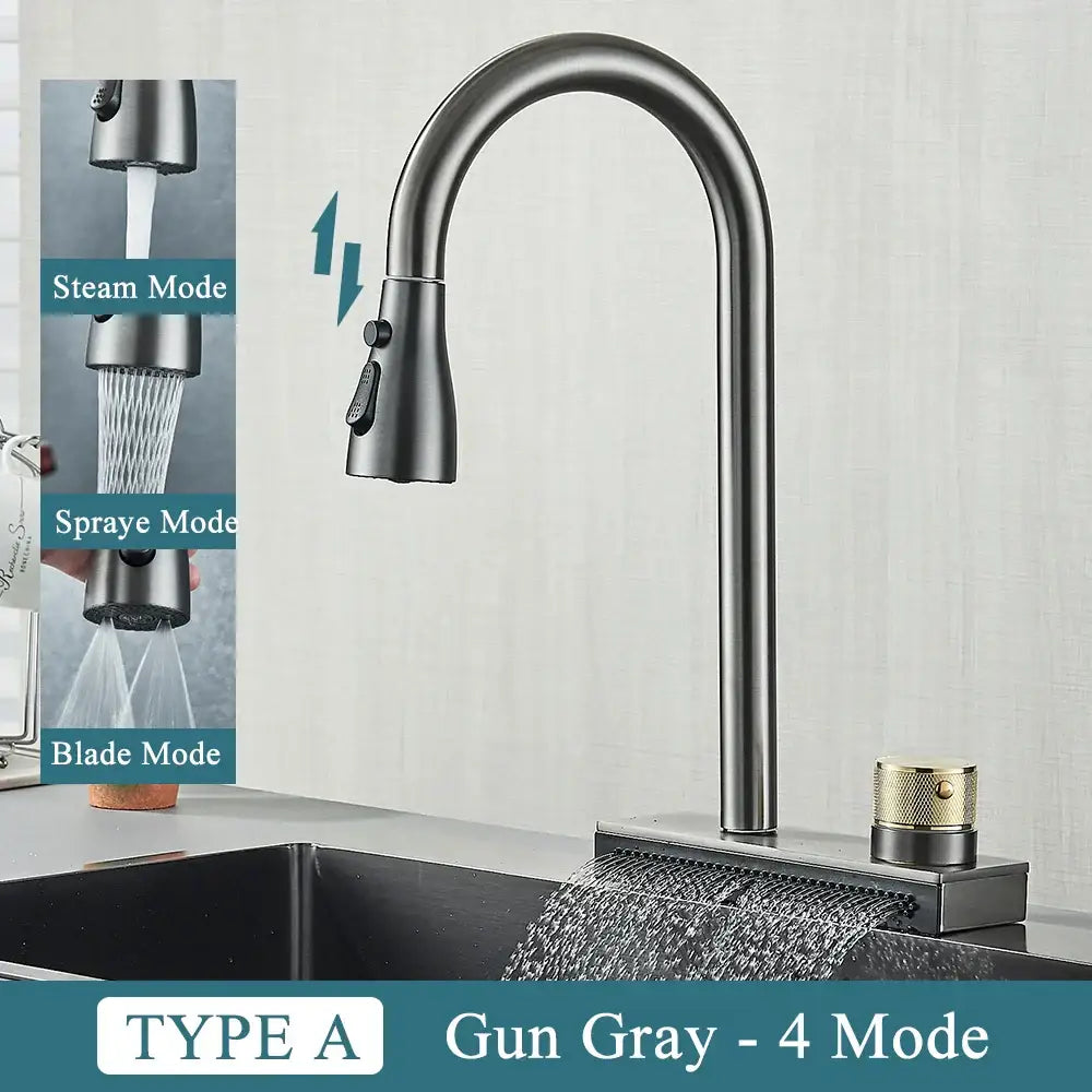 Gun gray decorbites black kitchen faucet with four spray modes and sleek curved spout brass single hole mixer deck mounted